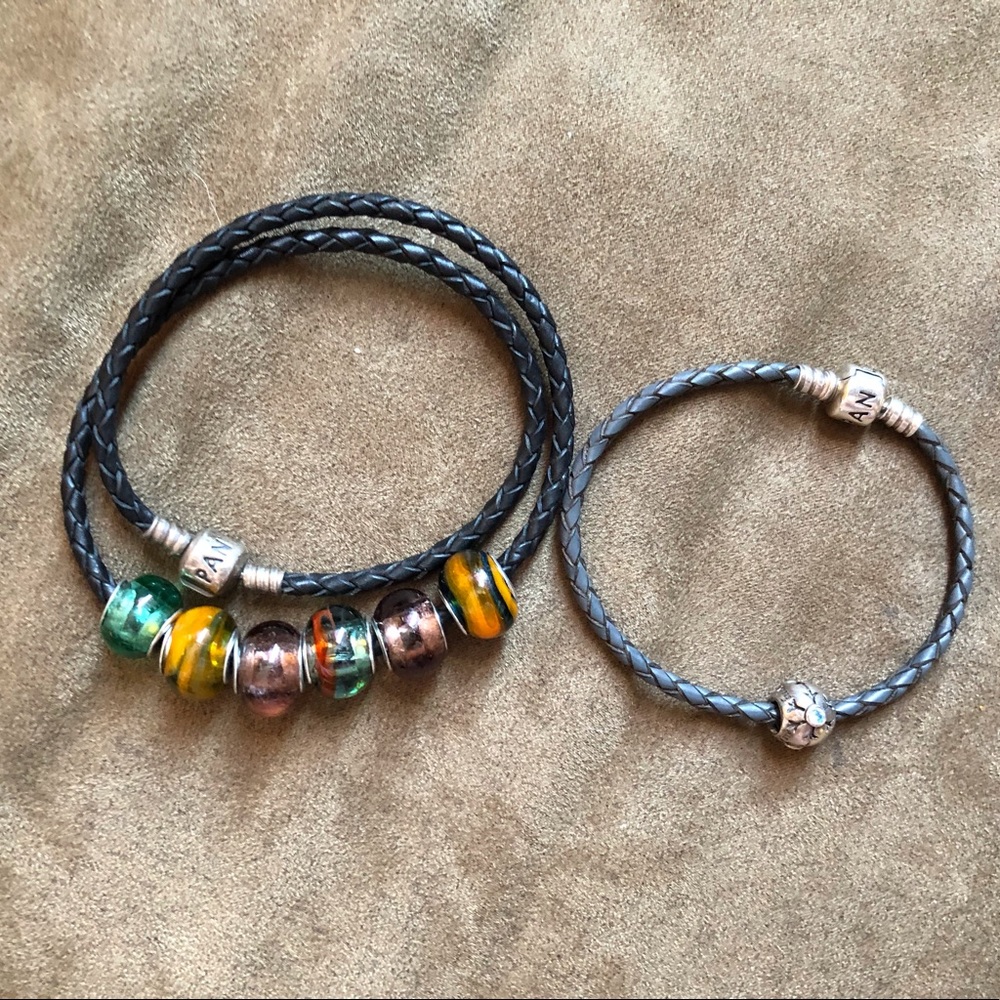 Pandora Leather Bracelet & Necklace Set with 7 Charms